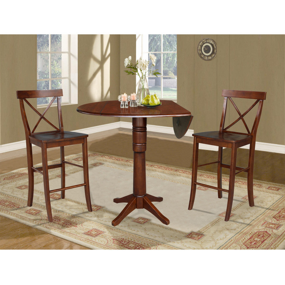 42" Round Pedestal Bar Height Table with Two Bar Height Stools, Espresso
