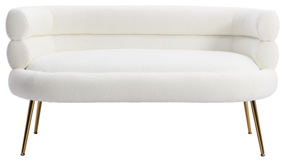 53" Round Arm Settee with Metal Legs, White, 53"
