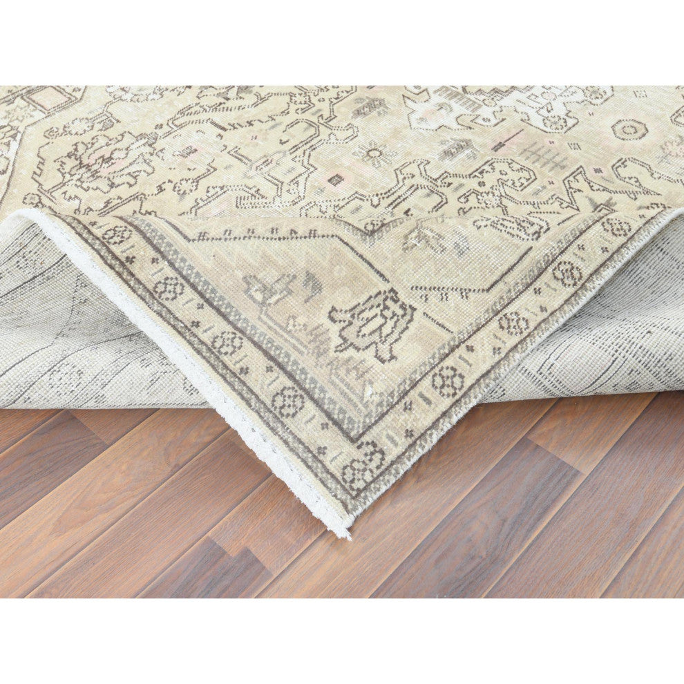 Worn Wool Hand Knotted Ivory Vintage White Wash Persian Tabriz Rug, 6'3" x 9'0"