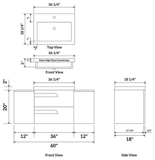 60" Wall-Mount White Vanity Set With Sink, LV7-C6W-60W, Style 7