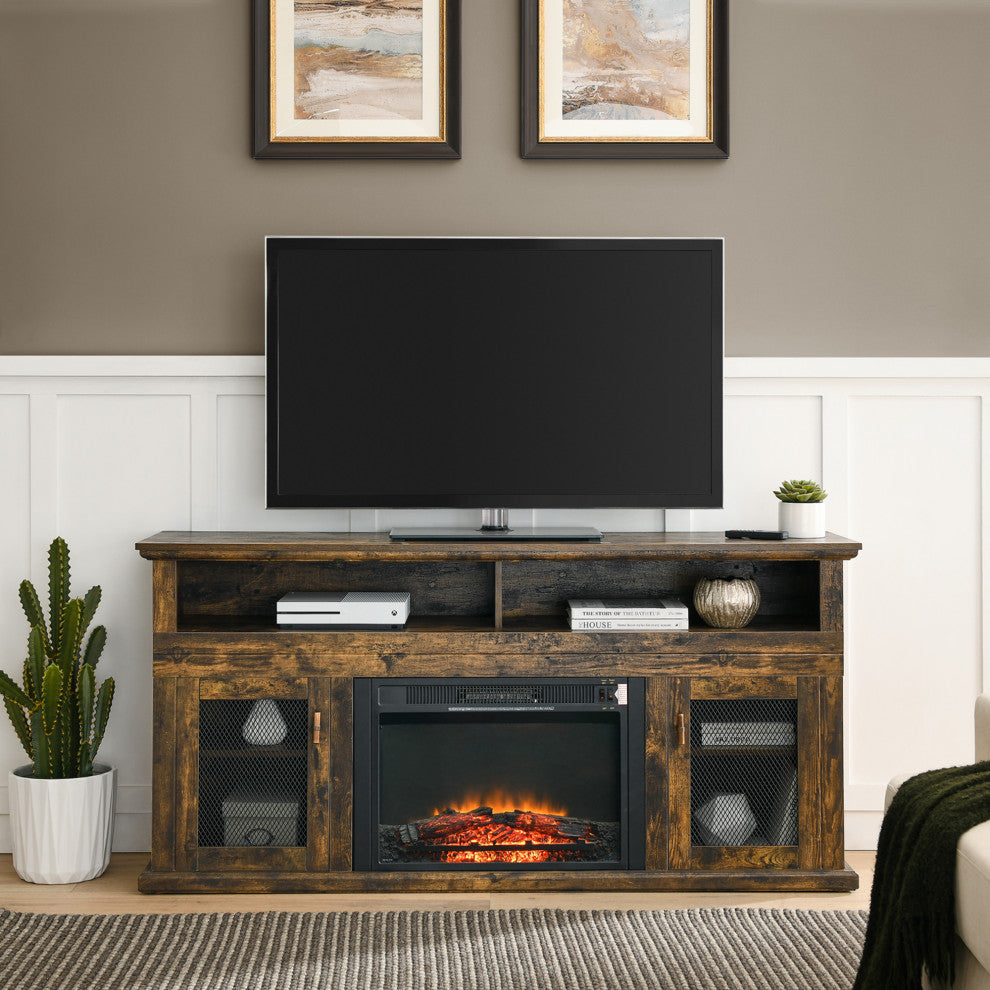 65-inch Freestanding Electric Fireplace with Storage Space, Rustic Brown