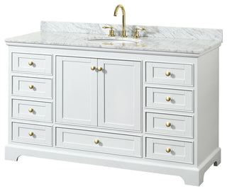 60" Single Bath Vanity, White, White Carrara Countertop, Sink, Gold Trim