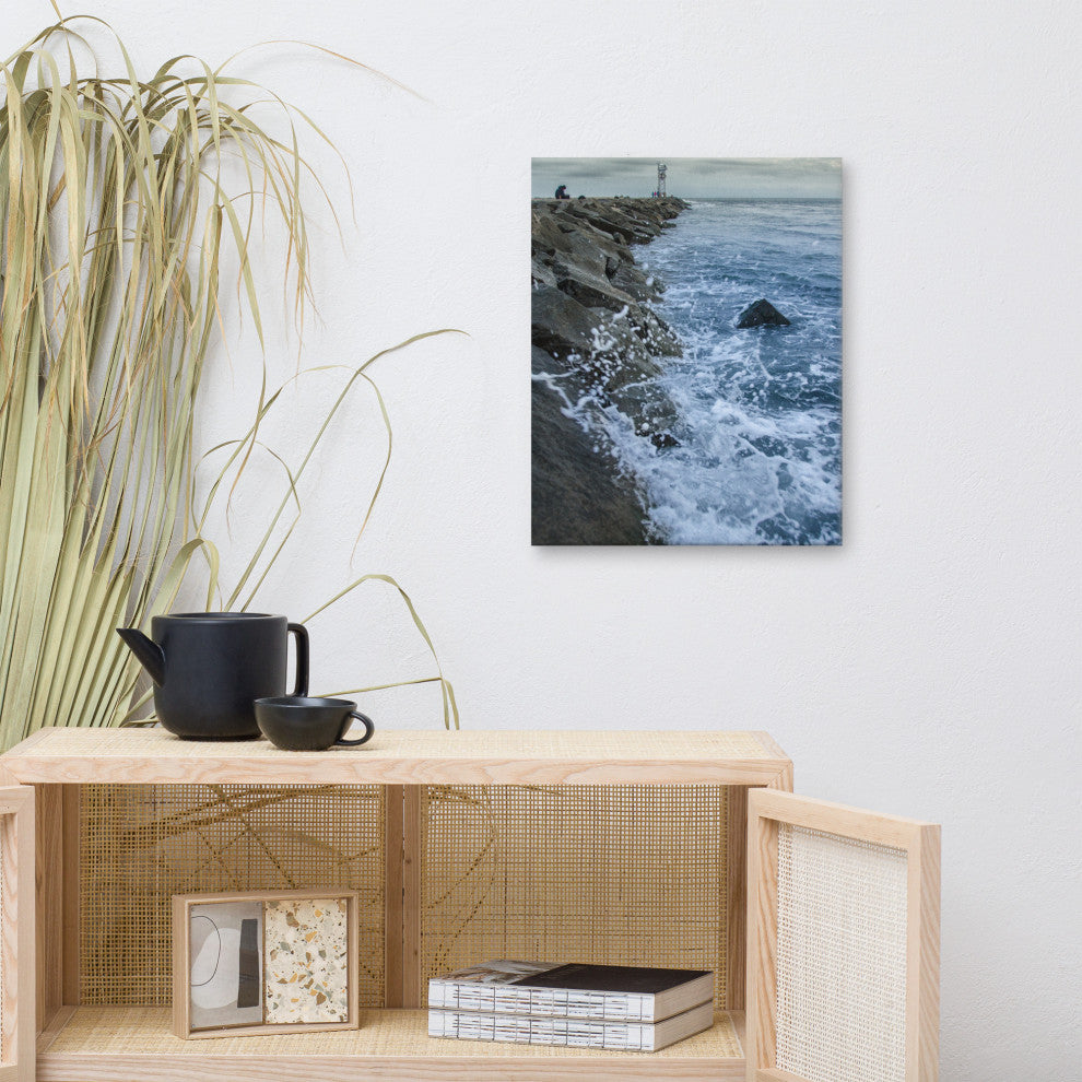 Splashing on the Jetty Coastal Landscape Photo Canvas Wall Art Print, 16" X 20"