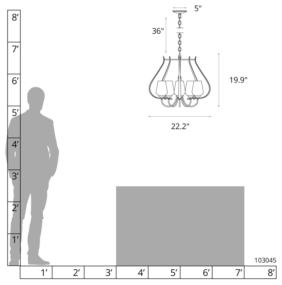 Flora 5 Arm Round Chandelier, Dark Smoke Finish, Opal Glass