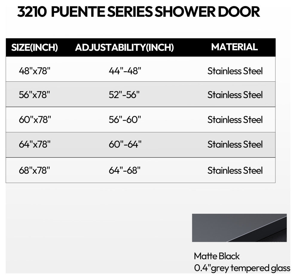 Echarri Single Sliding Frameless Shower Door, Tinted Glass, Matte Black, 48" W X 78"h