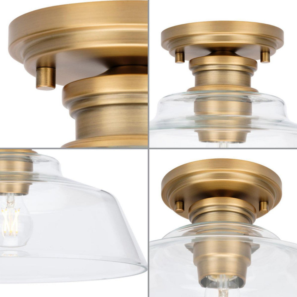 Singleton 1-Light 14" Vintage Brass Semi-Flush Mount Light, Clear Glass Shade