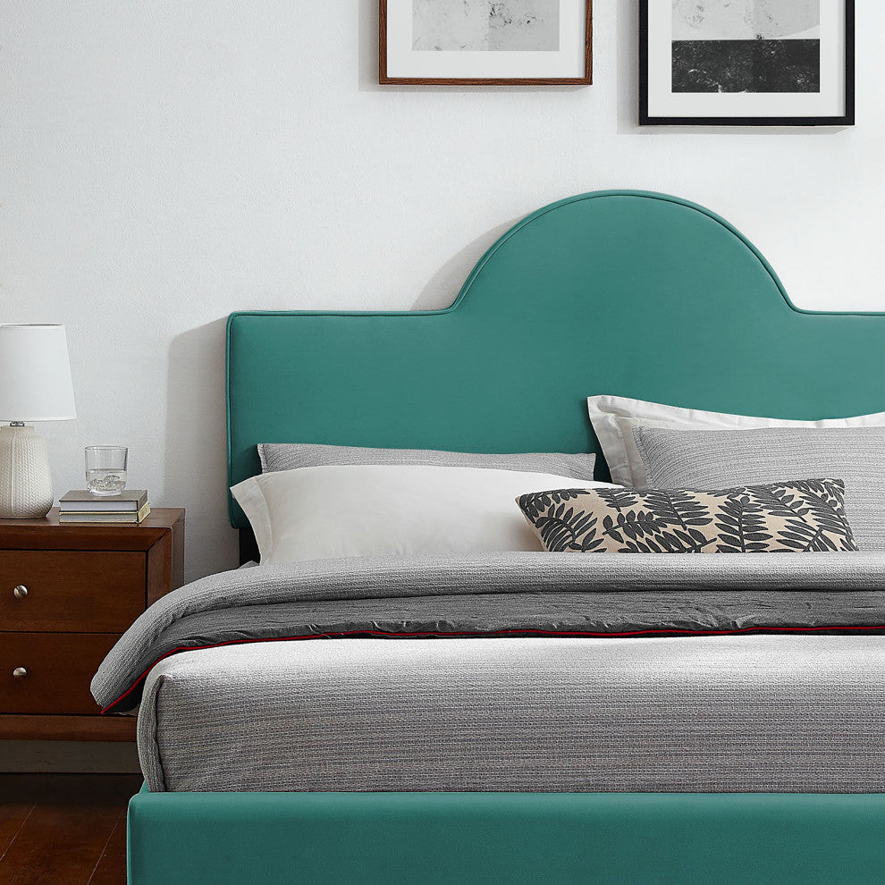 Platform Bed Frame, King Size, Teal Blue, Velvet, Modern, Bedroom Guest Suite