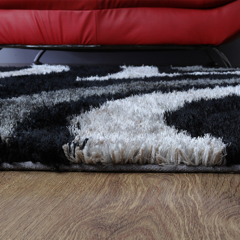 Hand Tufted Shag Polyester Area Rug Geometric Contemporary, Black Beige, [Rectangle] 4'x6'