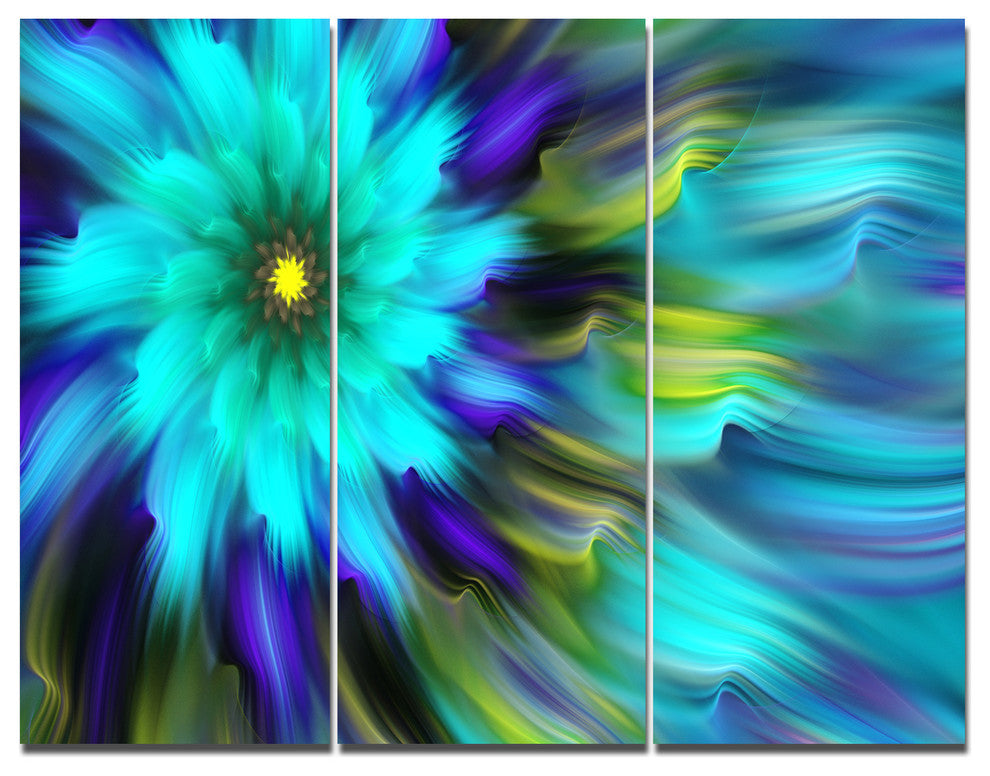 Massive Blue Green Fractal Flower, Floral Triptych Canvas Print, 36x28, 3 Panels