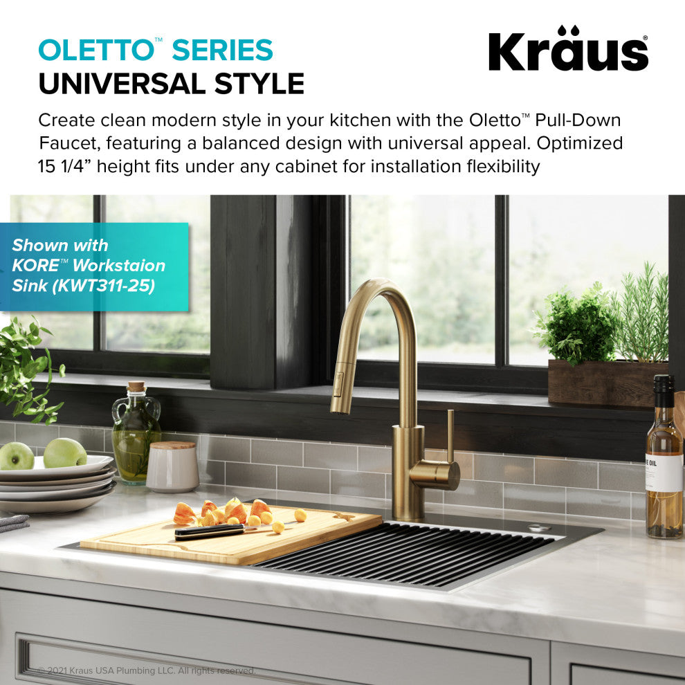 Oletto Pull-Down 1-Hole Kitchen Faucet, Spot Free Antique Champagne Bronze