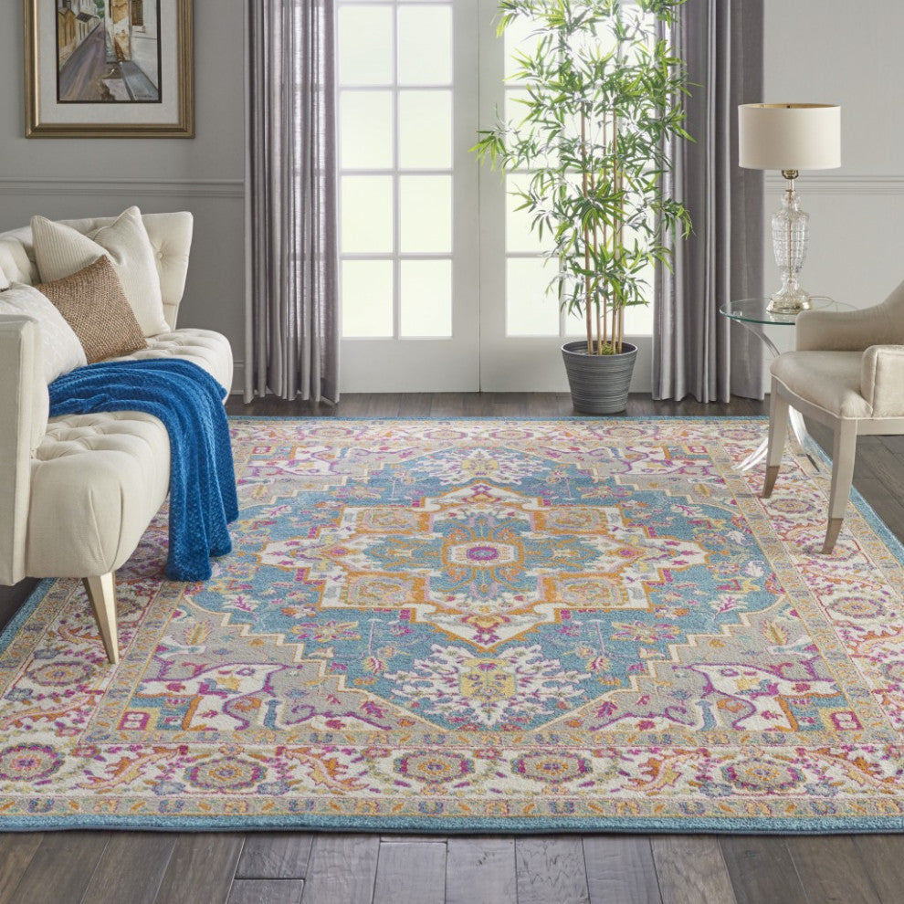 8 x 10 Teal and Pink Medallion Area Rug