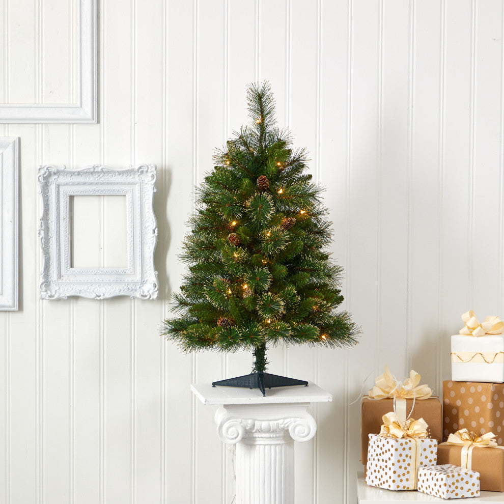 3' Golden Washington Pine Faux Xmas Tree W/Lights, Pinecones & Bendable Branches