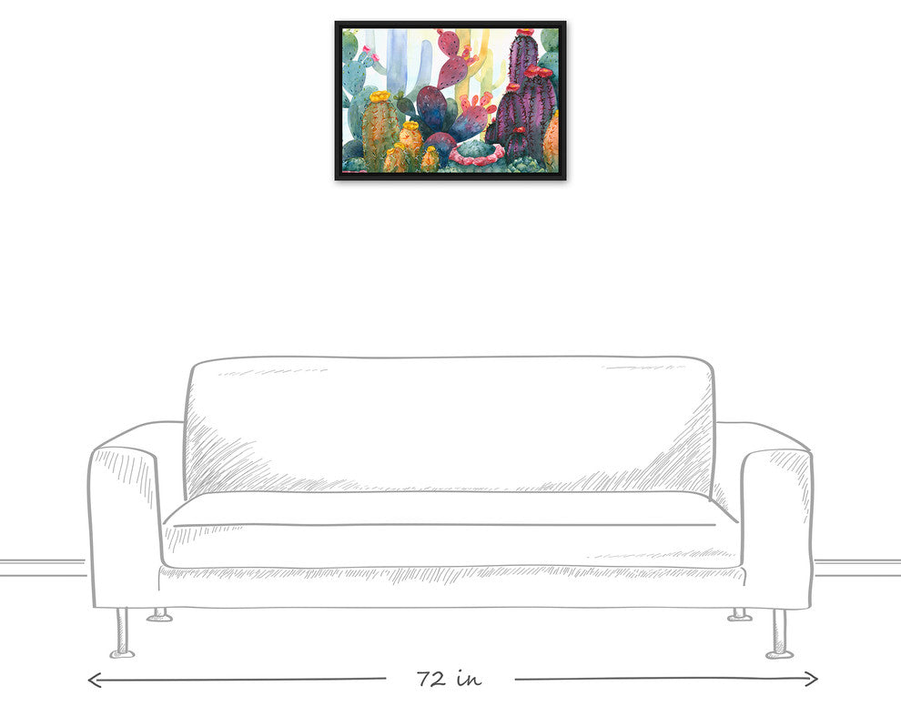Colorful Blooming Cactus 16x24 Black Floating Framed Canvas