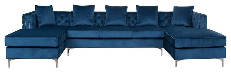 Ryan Deep Blue Velvet Double Chaise Sectional Sofa with Nail-Head Trim