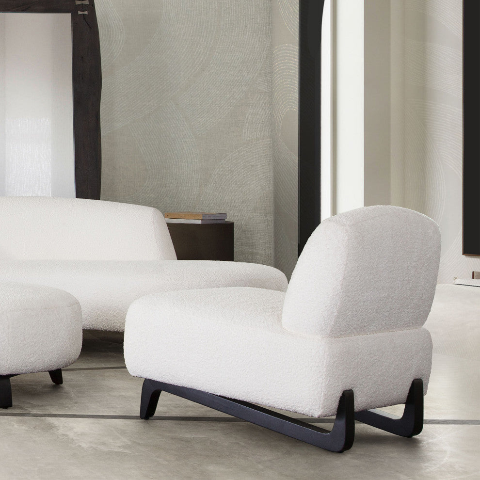 Vesper Armless Chair, Faux White Shearling With Black, Wood Leg Base