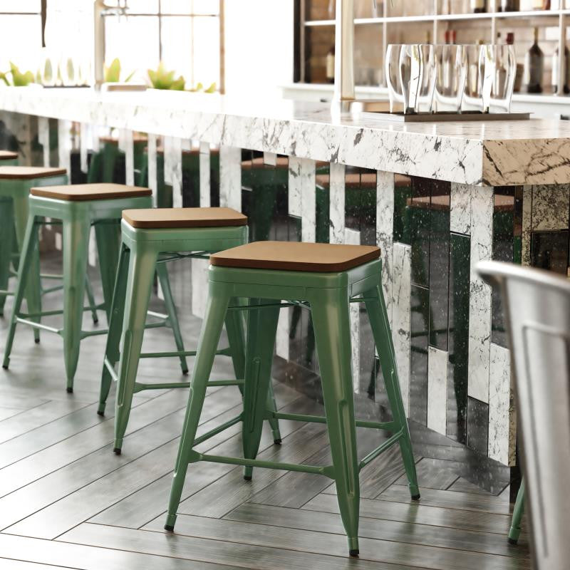 Kai Commercial Grade 24" High Metal Indoor-Outdoor Counter Height Stool, Green/Teak
