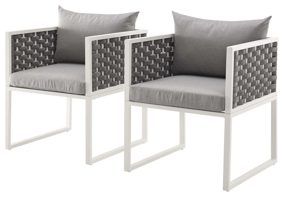 Modern Outdoor Dining Chair Armchair, Set of 2, Fabric Aluminium, White Gray