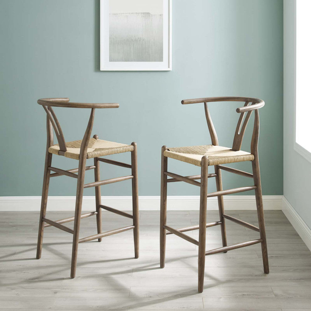 Bar Stool Chair Barstool, Set of 2, Wood, Gray, Modern, Bar Pub Cafe Bistro
