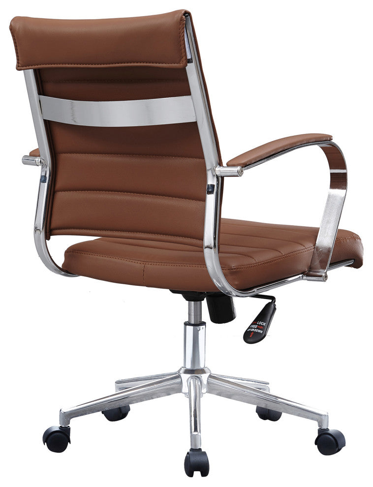 Mid Back Swivel Boss Ribbed PU Leather Office Arm Chair Modern Ergonomic, Brown