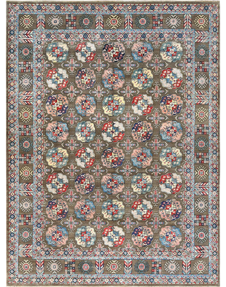Afghan Special Kazak Shiny Wool, Hand Knotted Taupe Oriental Rug, 9'7" x 12'9"