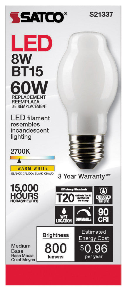 8W BT15 LED, White, Medium Base, 90 CRI, 2700K, 120V