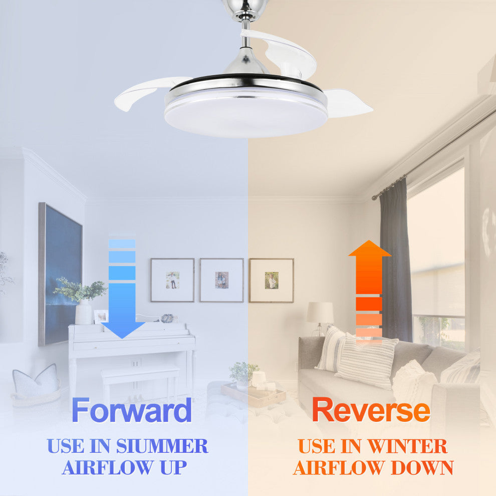 42" Modern Retractable Ceiling Fan with Light Kit and Remote Control 3 Blades, Chrome, 42"