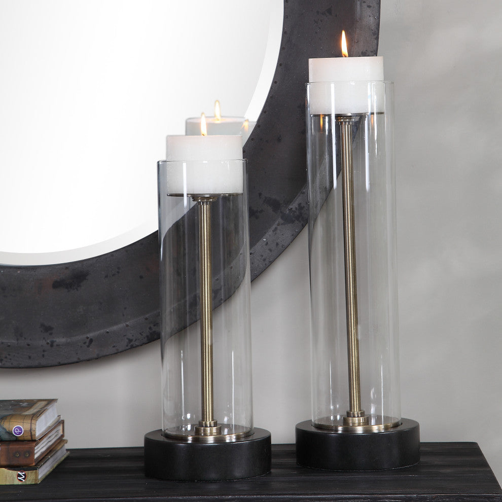 Modern Clear Glass Column Candle Holders, 2-Piece Set Pillar, Bronze Brass