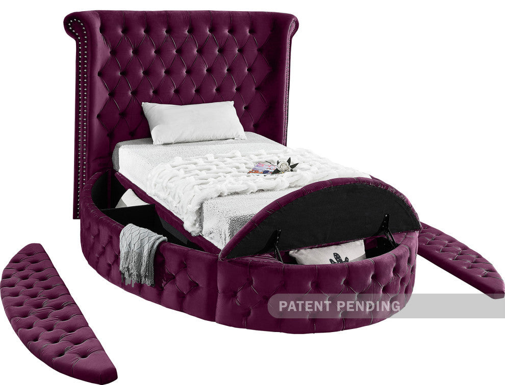 Luxus Button Tufted Velvet Round Bed, Purple, Twin