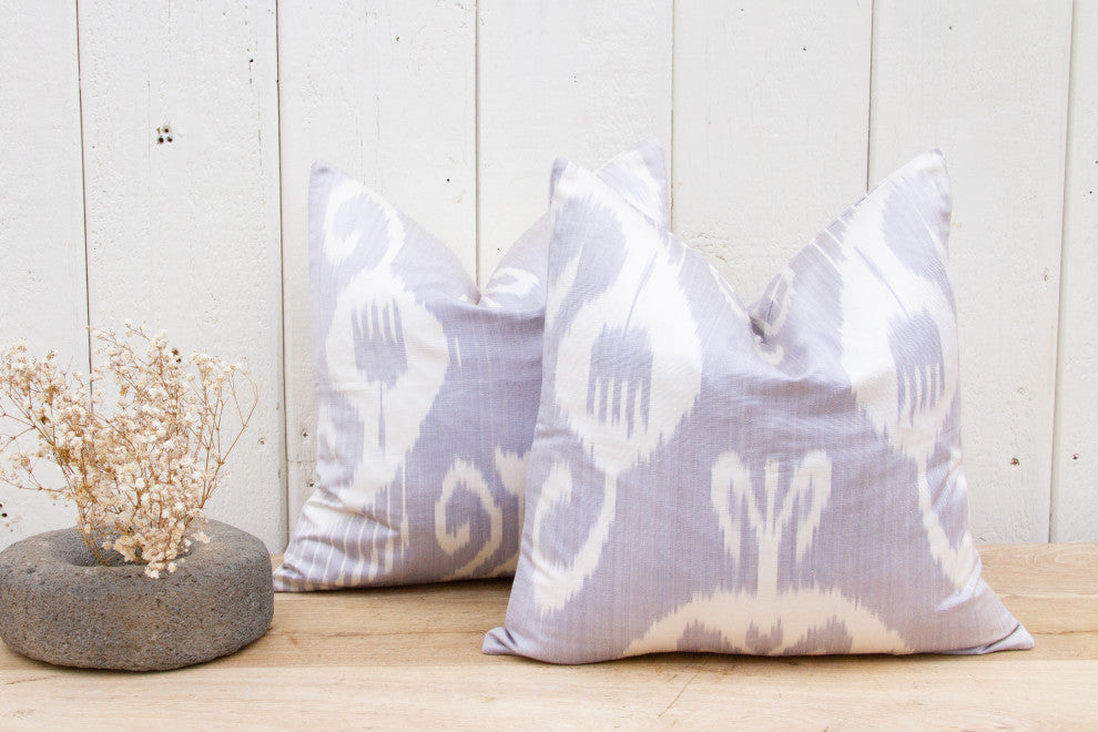 Pair of Lavender & White Ikat Silk Pillows