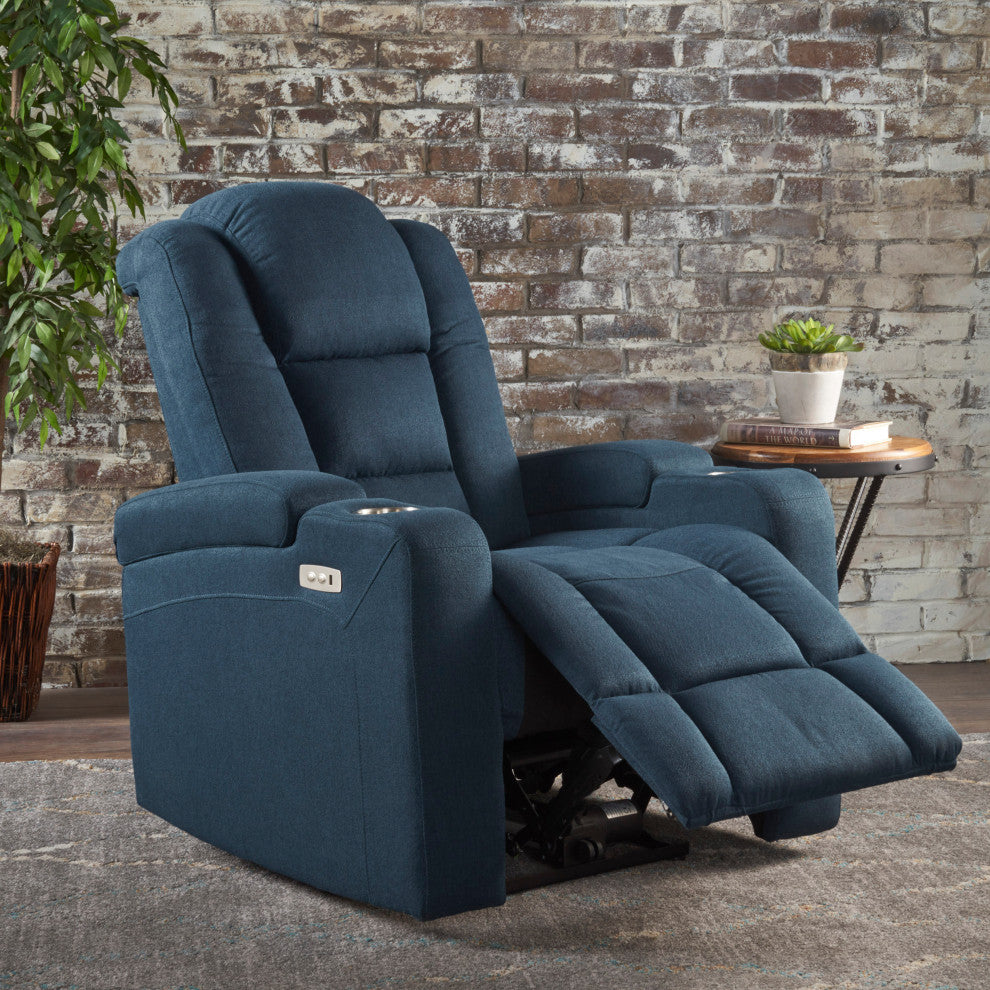 GDF Studio Everette Navy Blue Power Recliner With Arm Storage and USB Cord