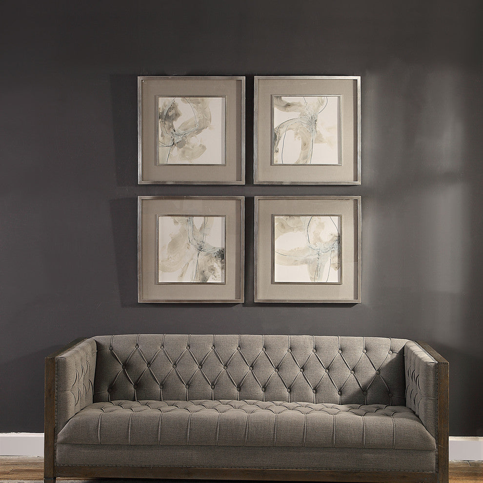 Abstract Beige Gray Swirl Wall Art Print, Set of 4, Neutral Cream White Square