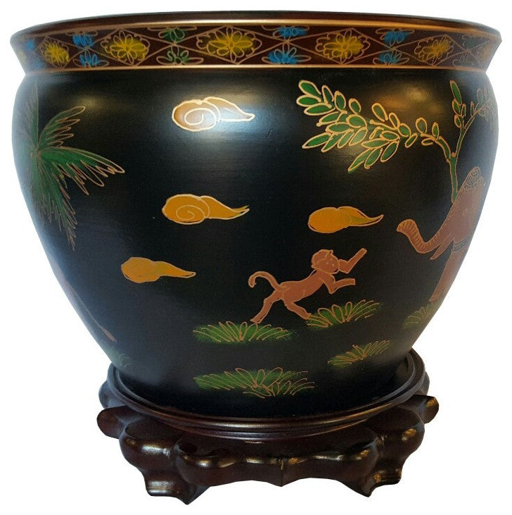 Chinese Black Lacquer Planter Indian Elephant Design 14" W
