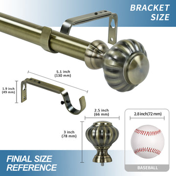 1" Doorknob Drapery Curtain Rod, Antique Brass, 84"-120"