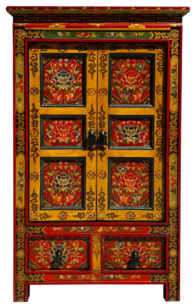 Tibetan Orange Yellow Jewel Floral Tall End Table Nightstand Cabinet Hcs7625