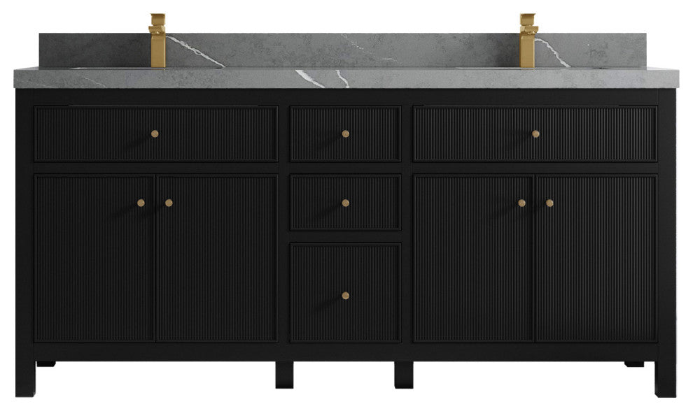 Sonoma 72 Double Sink Reeded Bath Vanity in Black 2" Piatra Gray
