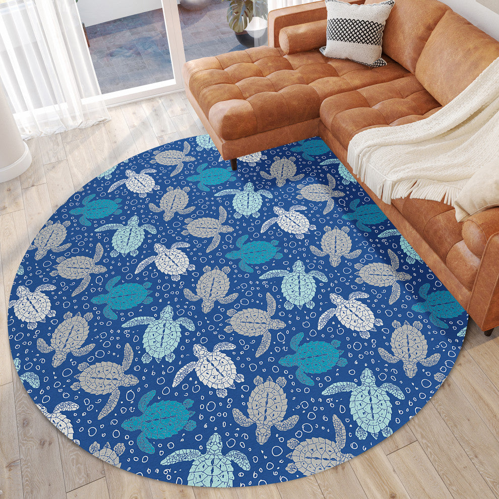 Indoor/Outdoor Seabreeze SZ13 Navy Machine Washable 8' x 8' Round Rug
