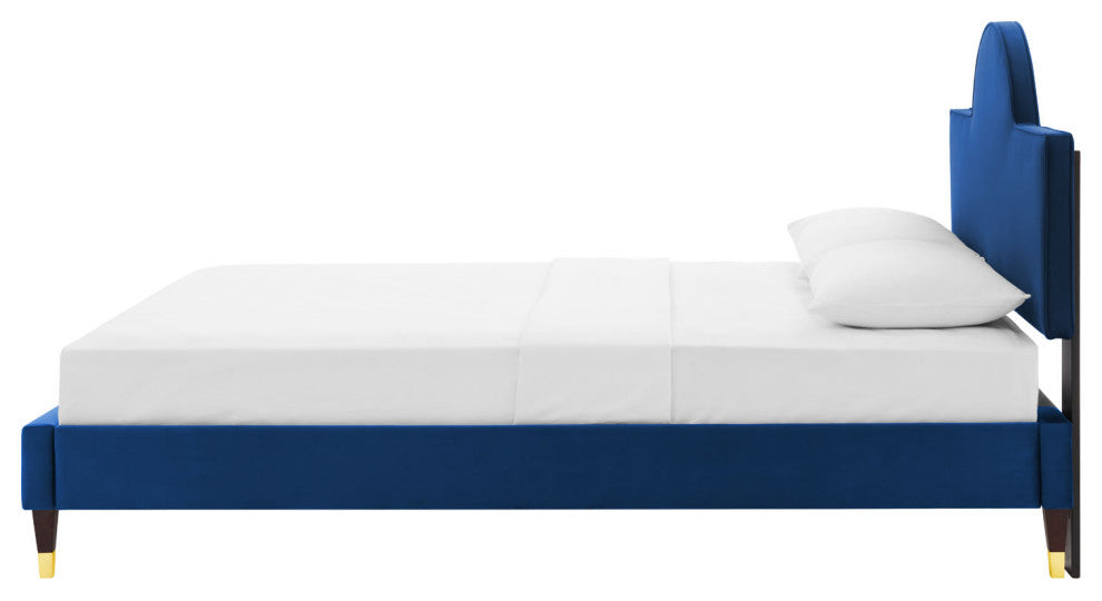 Platform Bed Frame, King Size, Blue Navy, Velvet, Modern, Bedroom Guest Suite