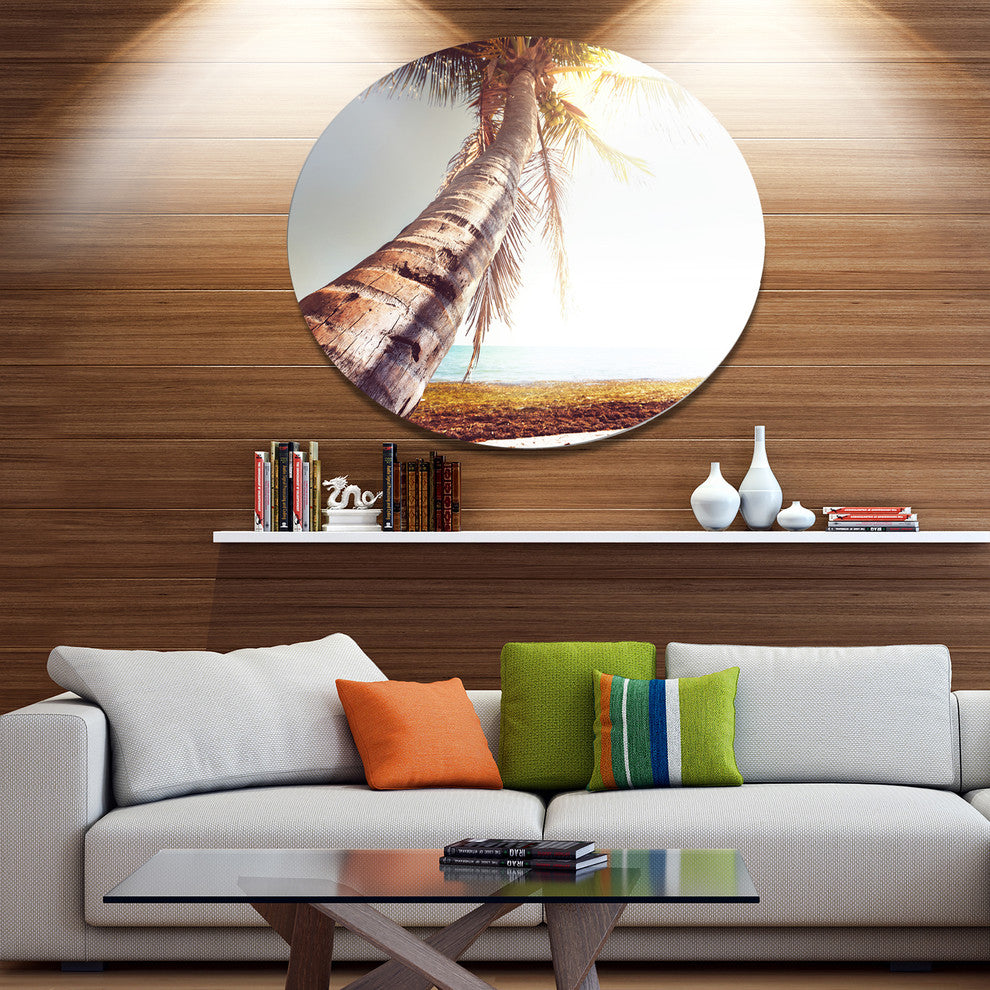 Huge Bent Coconut Tree To Beach, Landscape Disc Metal Artwork, 11"