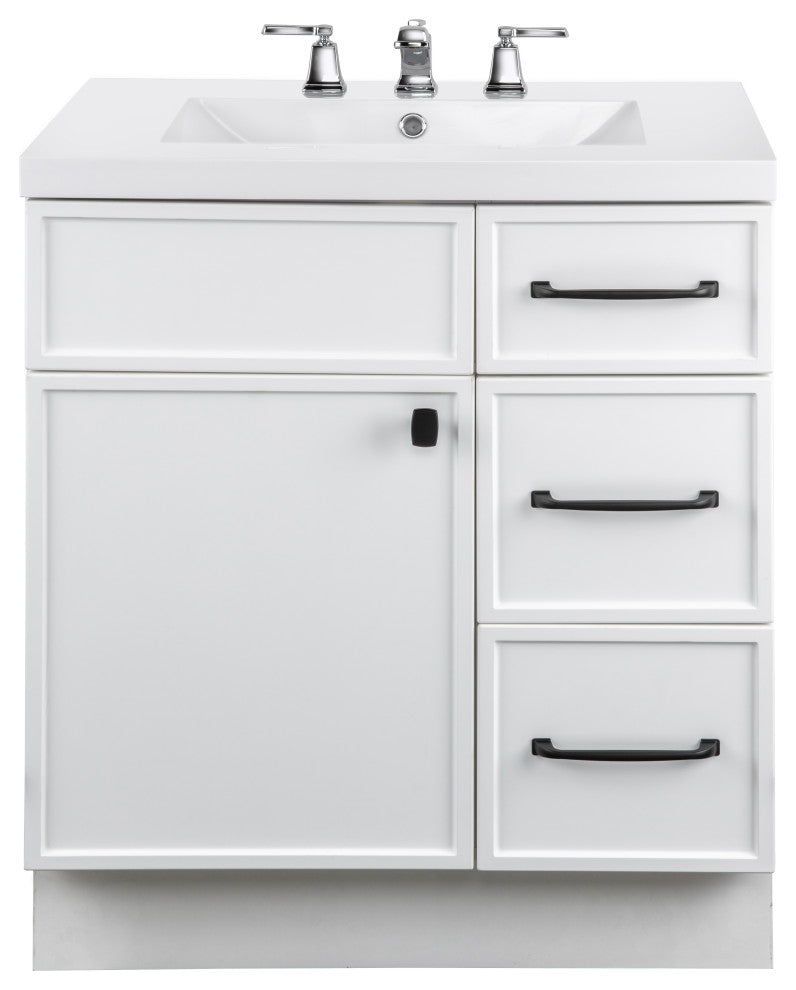 Manhattan Vanity, 1-Door 3-Drawer, White, 30", Single Bowl