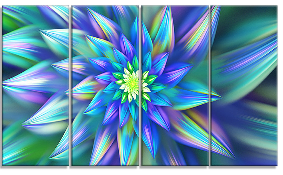Huge Light Blue Fractal Flower, Floral Canvas Art Print, 48"x28", 4 Panels
