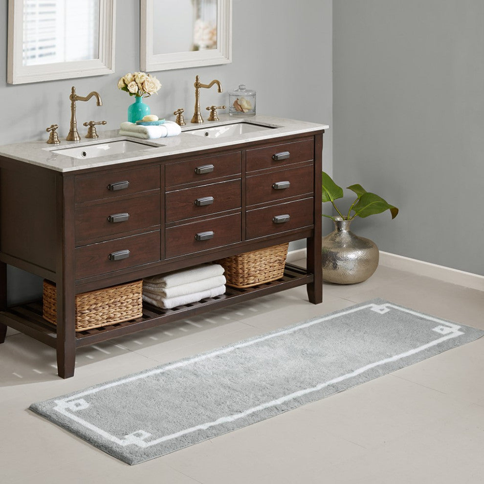 Madison Park Evan High Pile Bordered Bathroom Rug, Blue, Grey, Runner