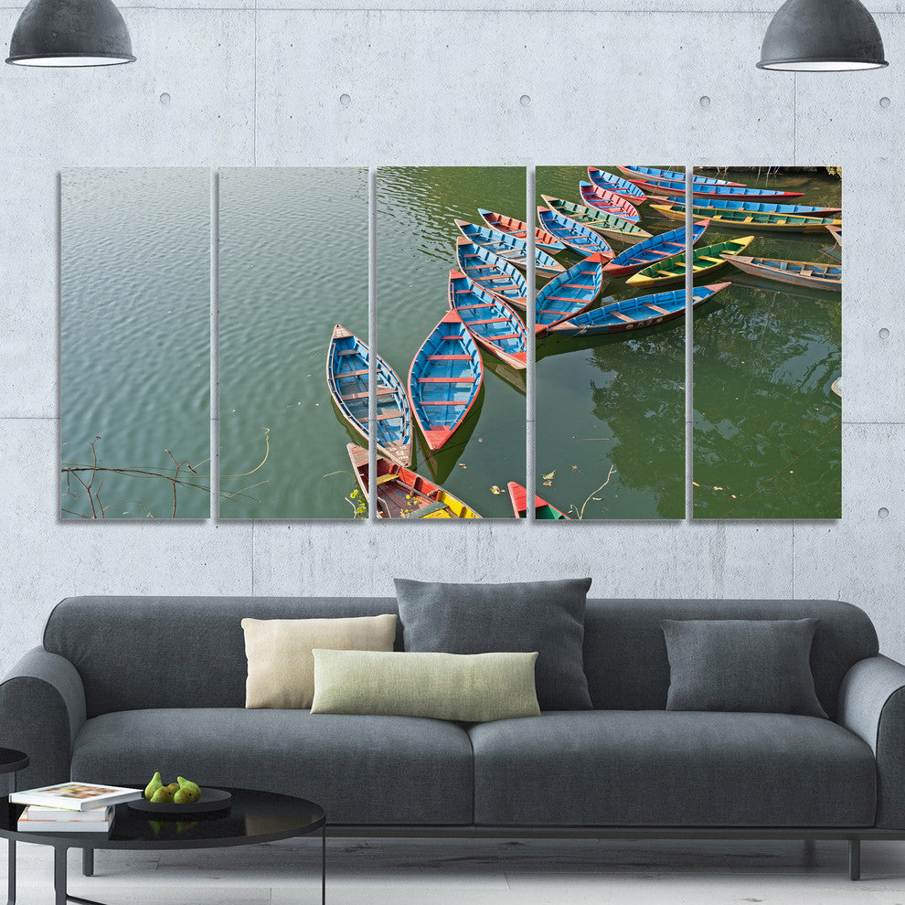 Phewa Lake in Pokhara Nepal, Boat Canvas Art Print, 60"x28", 5 Panels