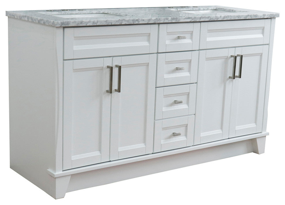 61" Double Sink Vanity, White Finish And White Carrara Marble