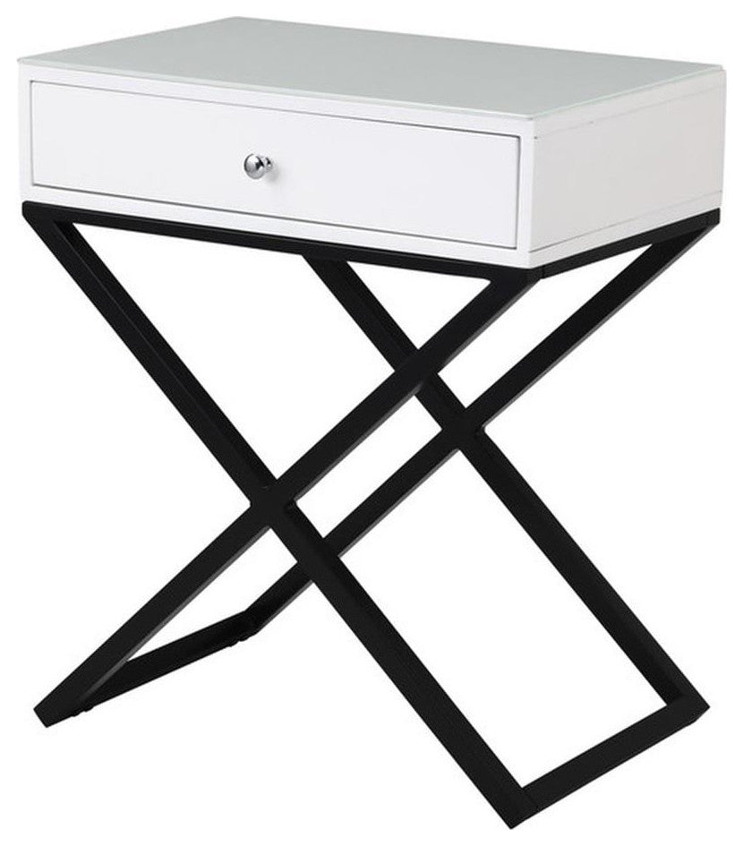 Koda White Wooden End Side Table Nightstand w/ Glass Top Drawer & Metal Base