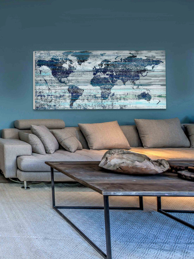 "Indigo Countries" Print on White Wood, 40"x20"