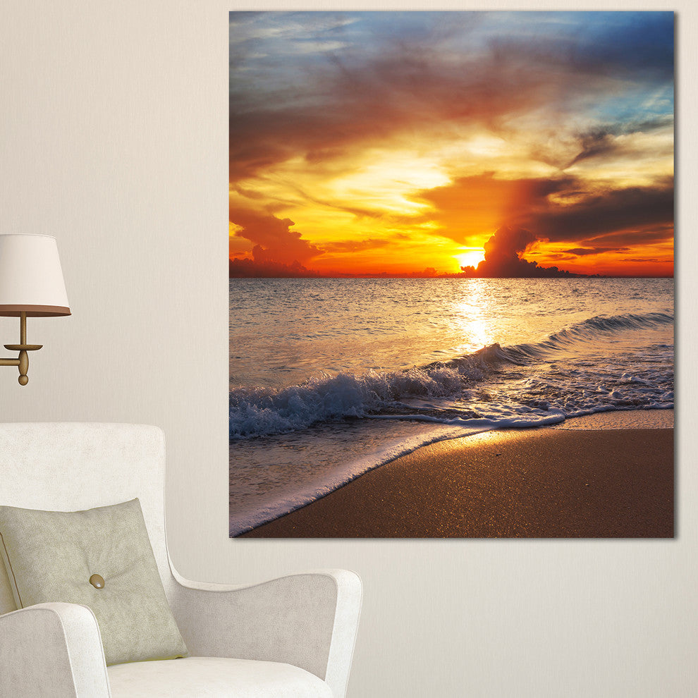 Yellow Sunset Through Dark Clouds, Large Seashore Canvas Print, 30"x40"