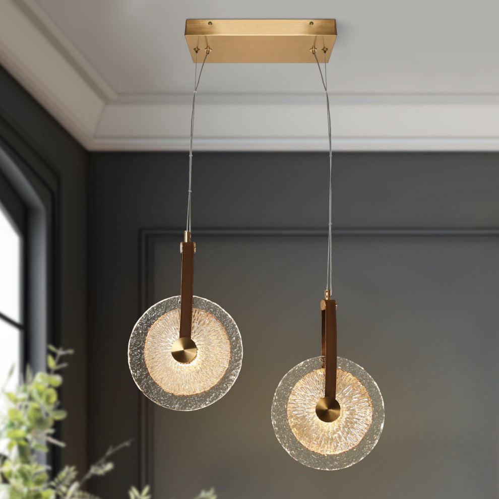 LNC Irma 2-Light 13" Modern Circular Disc LED Chandelier with Glass, Brass