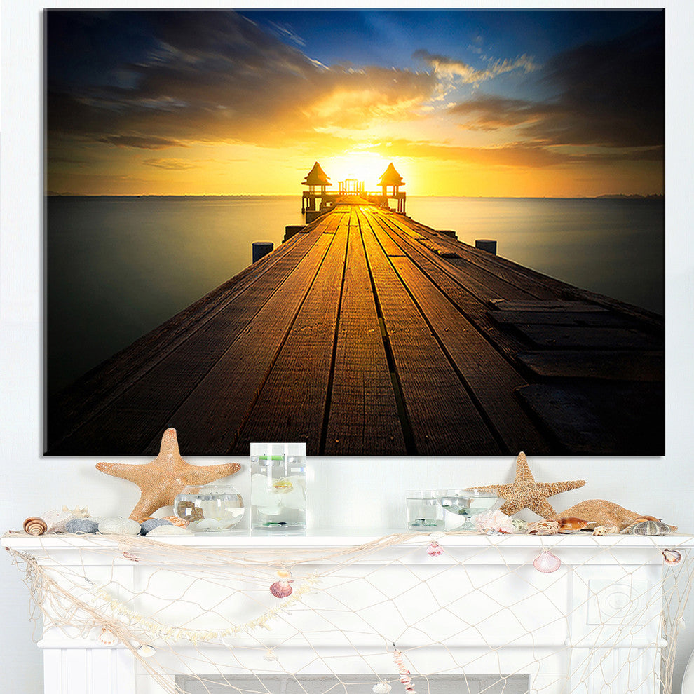 "Massive Wood Pier To Sun At Evening" Sea Pier Wall Art, 40"x20"