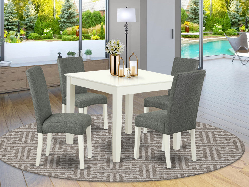 5Pc Square 36" Table, Four Parson Chair, White Finish Leg, Fabric- Gray Color
