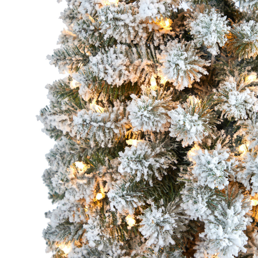 8' Flocked Pencil Faux Xmas Tree With 500 Clear Lights and 646 Bendable Branches